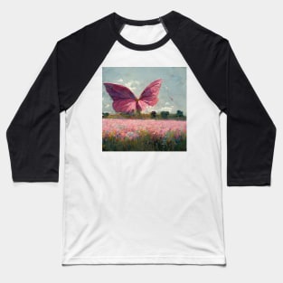 Pink Butterfly with Flowers Baseball T-Shirt